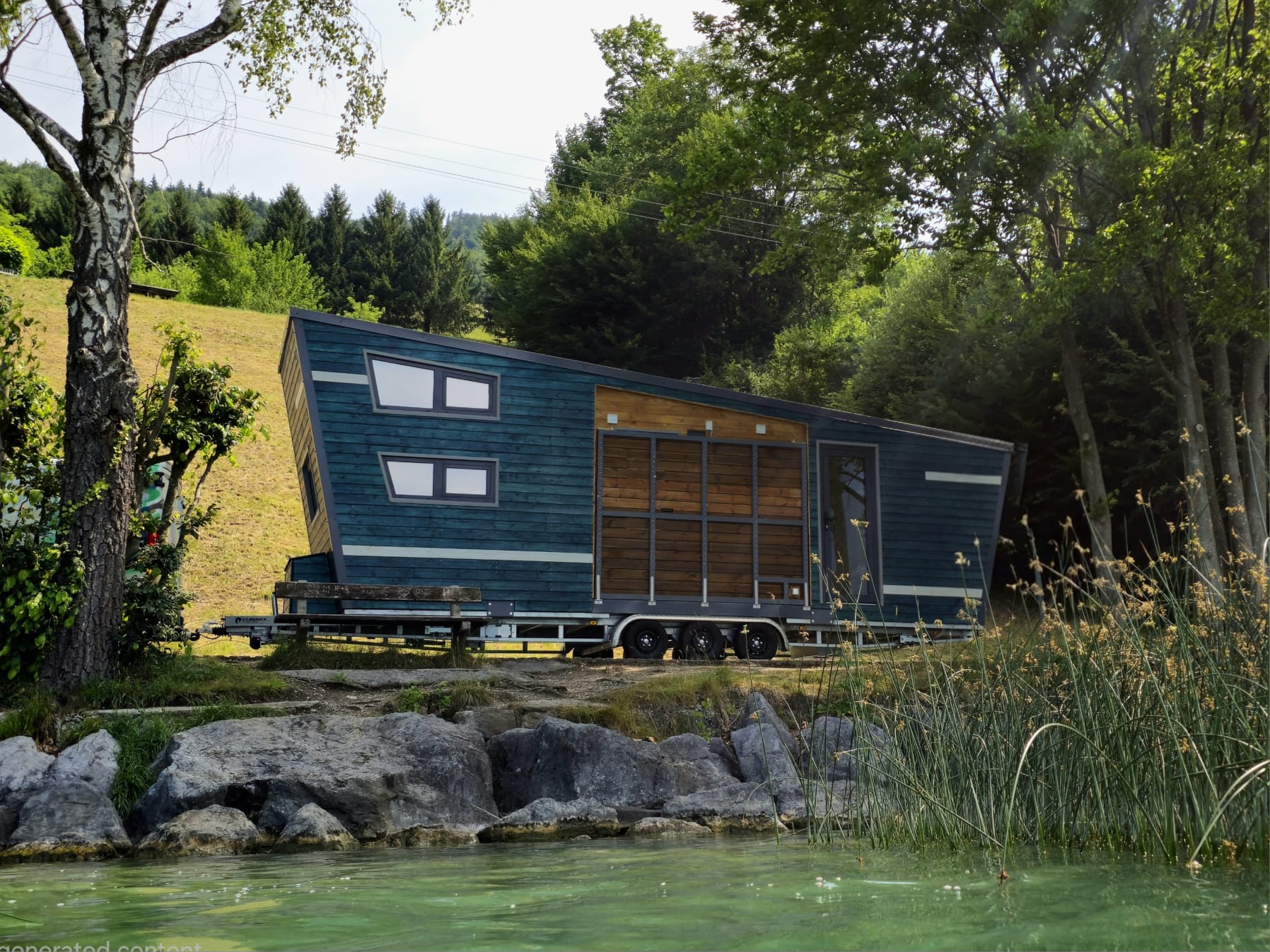 Blue wooden tiny house on a trailer parked on a rocky lakeshore, with trees and hills in the background.