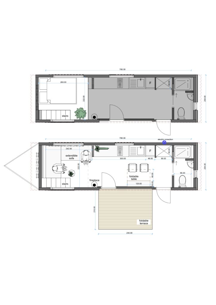 Long rectangular floor plan of a tiny house showing a bedroom, kitchen area, bathroom, stairs, and a foldable terrace external space.