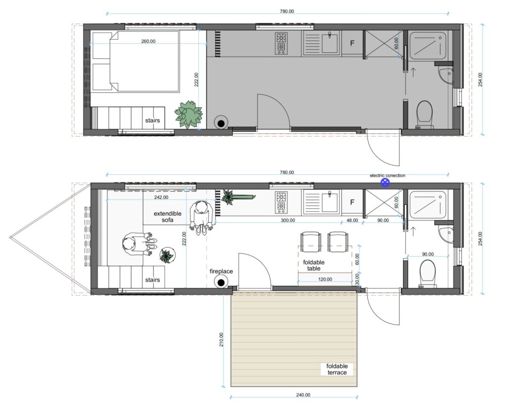 Long rectangular floor plan of a tiny house showing a bedroom, kitchen area, bathroom, stairs, and a foldable terrace external space.